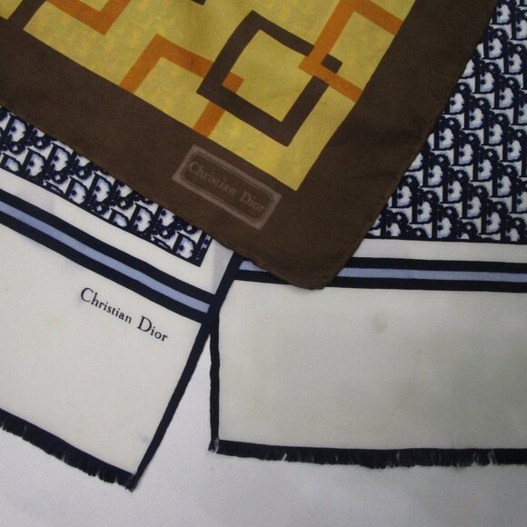 2 Silk Scarfs Logo Navy Oblong Rolled Hem French Designer - Picture 3 of 16